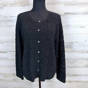 Vintage Handmade Granny Square Crochet Cardigan Black Boho Cottagecore M